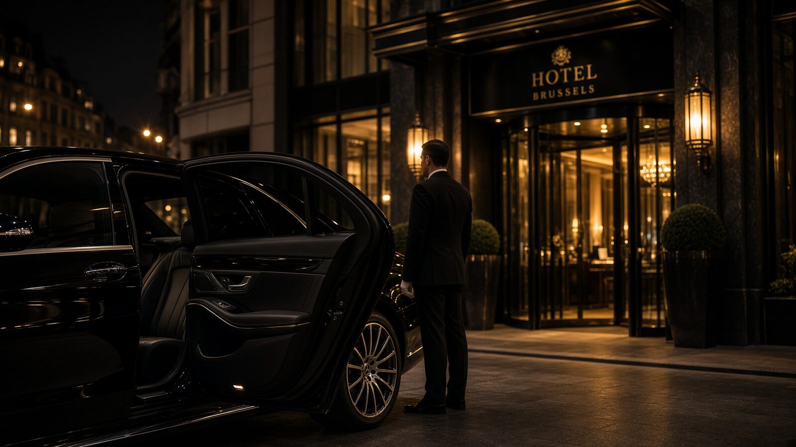 VIP chauffeur arrival Brussels hotel Mercedes S-Class protocol service EU Quarter
